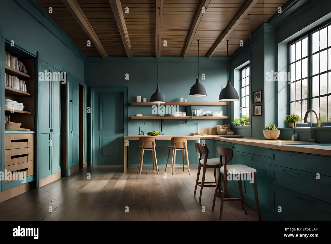 Luxury modern and vintage turquoise interior. Marble kitchen island with wooden chockers. generated AI Stock Photo