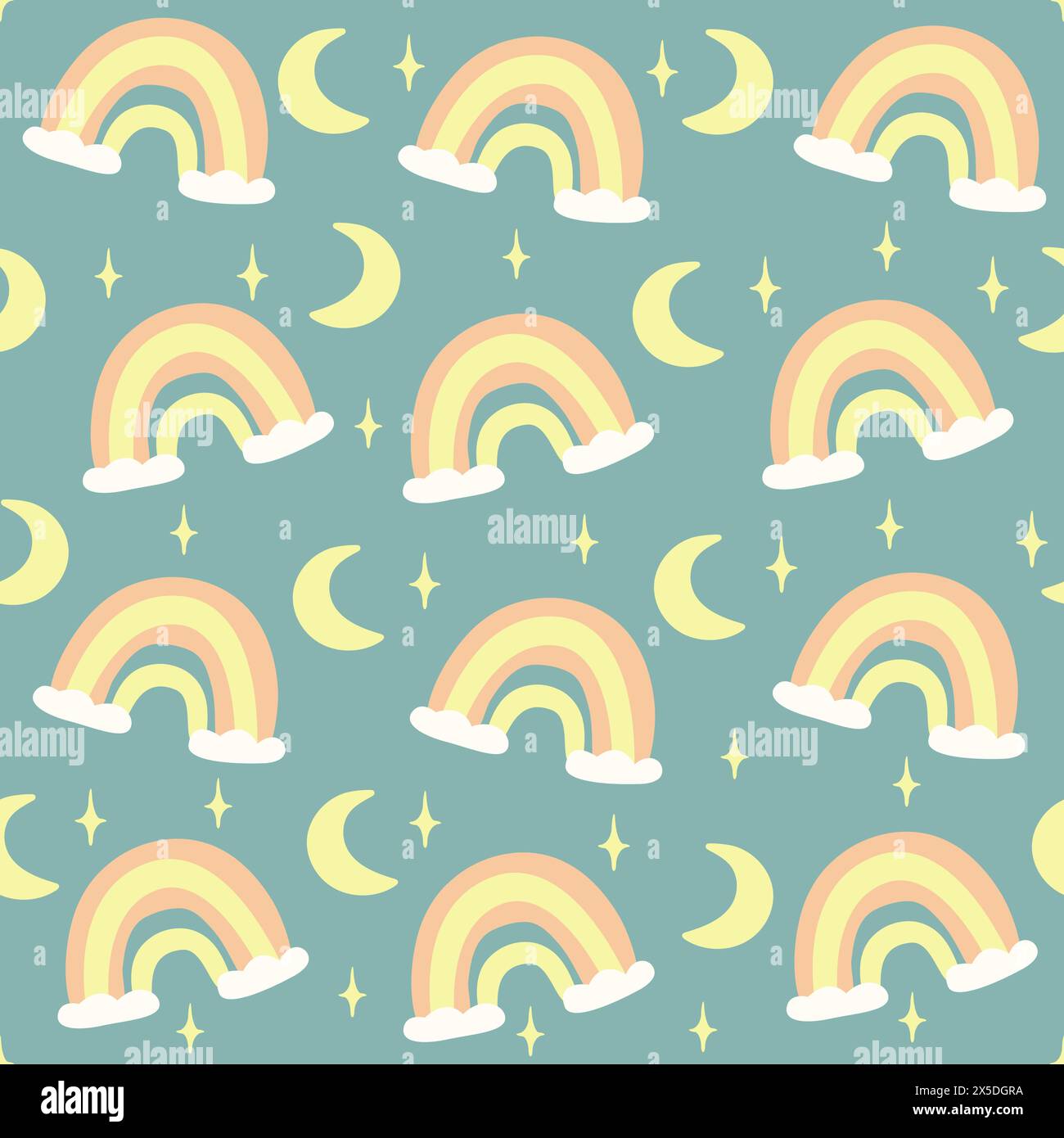 Seamless childish pattern with hand drawn rainbows and stars. Creative scandinavian kids texture. Different size elements endless texture. Vector endl Stock Vector