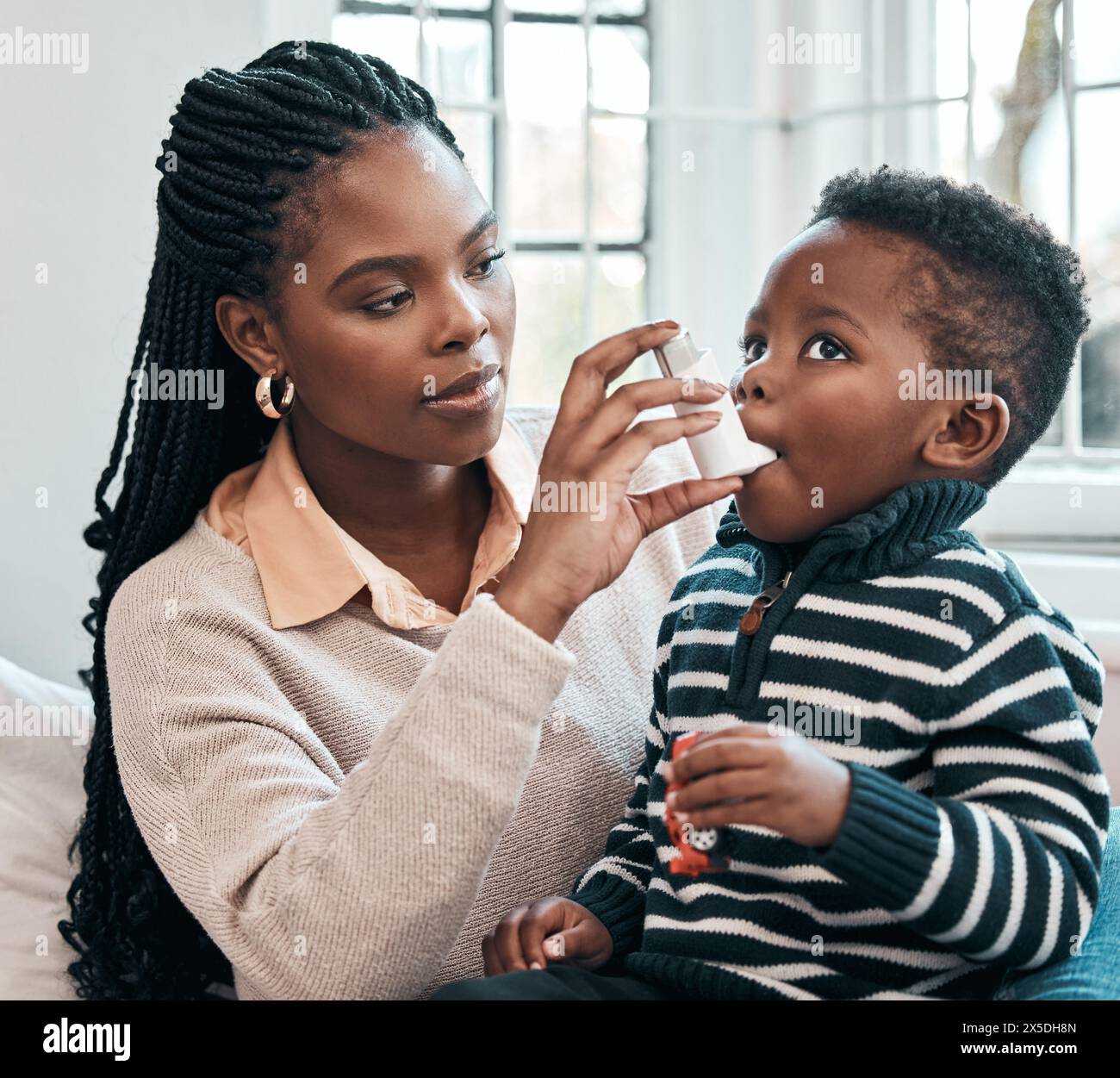 Black family, mother or inhaler for kid with asthma in home living room ...