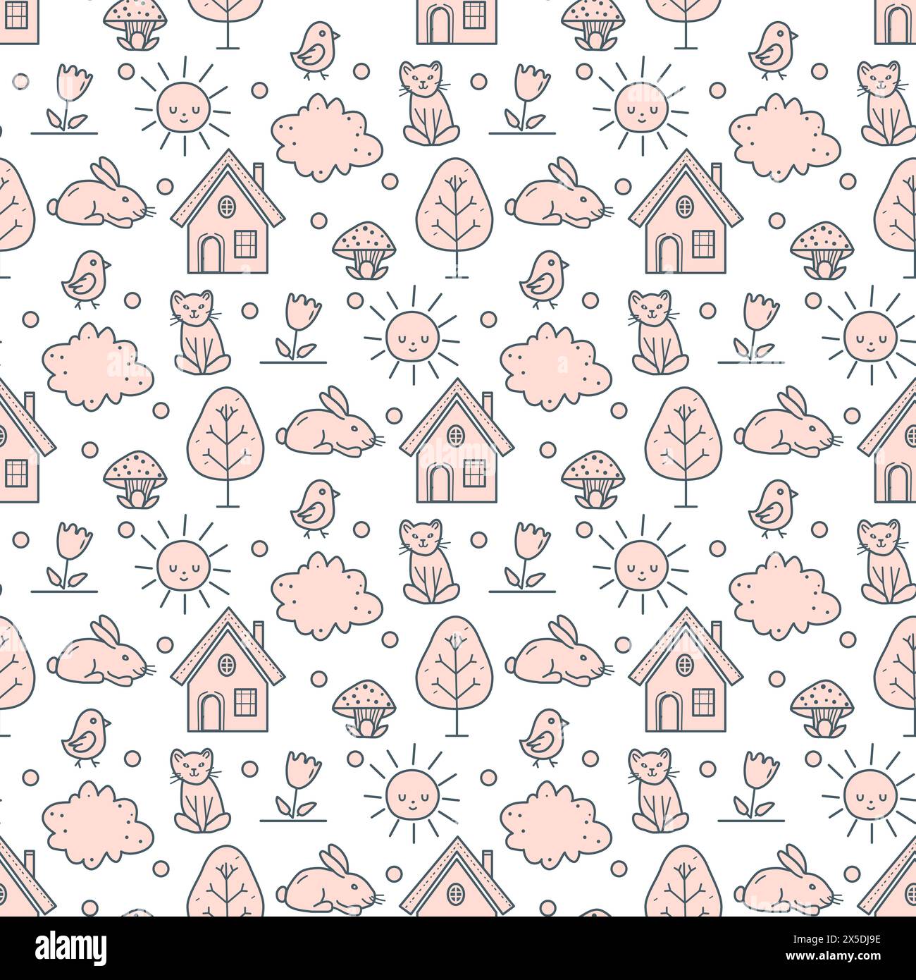 Vector kid seamless pattern Cute baby print with house, sun, tree ...