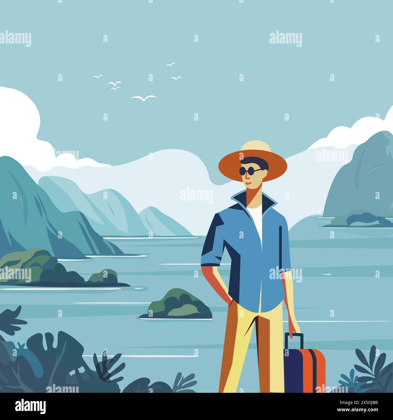 Vector illustration Man with suitcase Sea view Travel concept Holiday ...