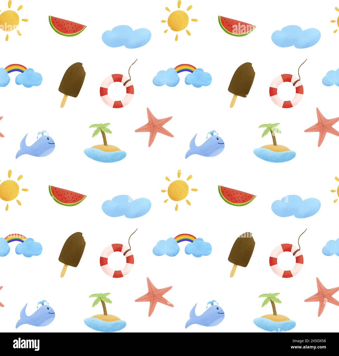 Watercolour vector seamless pattern summer vacation. Stock Vector