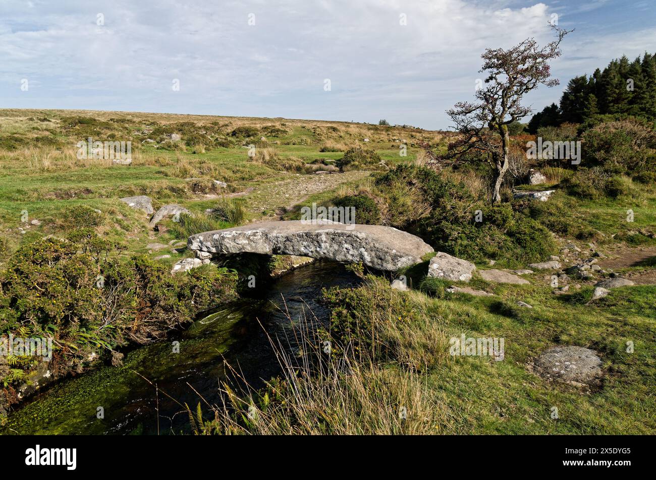 Walla Brook ancient stone clapper bridge at Scorhill, Shovel Down, Dartmoor National Park, near Chagford, Devon, England Stock Photo