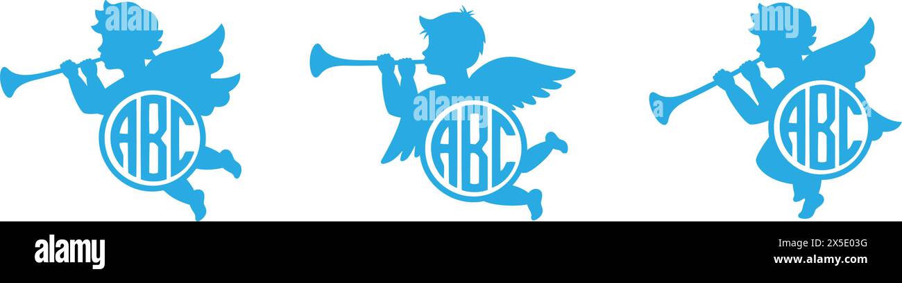 Cherubs name monograms. Angel with monograms. Herald angel blowing trumpet. Cherub blowing into a tube. Vector illustration. Stock Vector