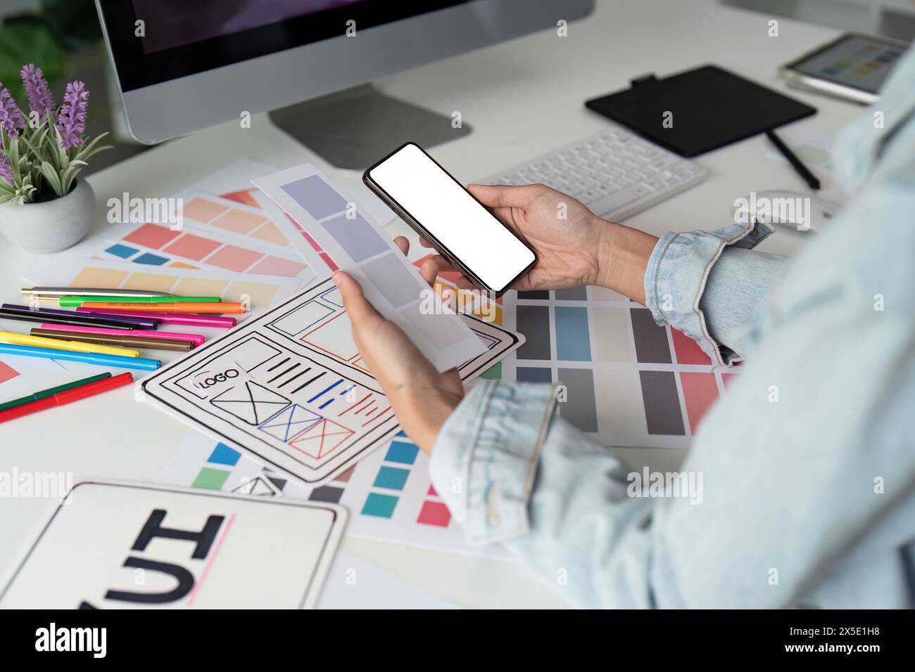 UI designer and UX developer brainstorm idea to design the application interface. Creative digital development agency. UX UI concept Stock Photo