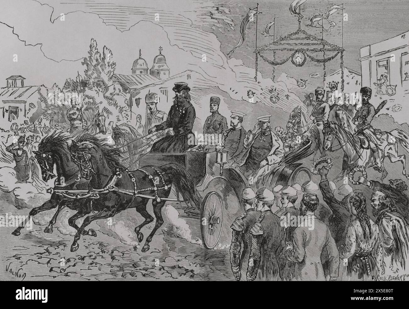 Russo-Turkish War (1877-1878). Entry of Tsar Alexander II of Russia (1818-1881) into Ploiesti (Romania). The Russian army corps cantoned at Kischeneff was the one that entered Romania for crossing the Danube. Engraving. 'La Guerra de Oriente' (The Russo-Turkish War). Volume I. 1877. Stock Photo