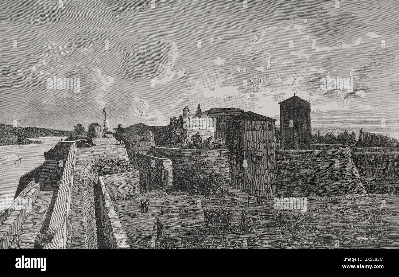 Vidin, Bulgaria. Baba Vida Fortress. Engraving. 'La Guerra de Oriente' (The Russo-Turkish War). Volume I. 1877. Stock Photo