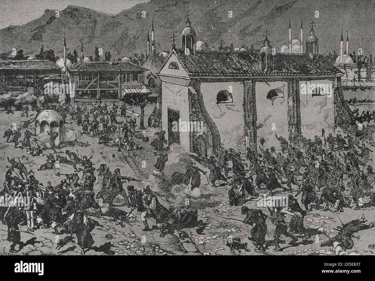 Russo-Turkish War (1877-1878). Yeni-Zaghra. Slaughter of Bulgarians executed by the Turks on 15 July 1877. Engraving. 'La Guerra de Oriente' (The Russo-Turkish War). Volume I. 1877. Stock Photo
