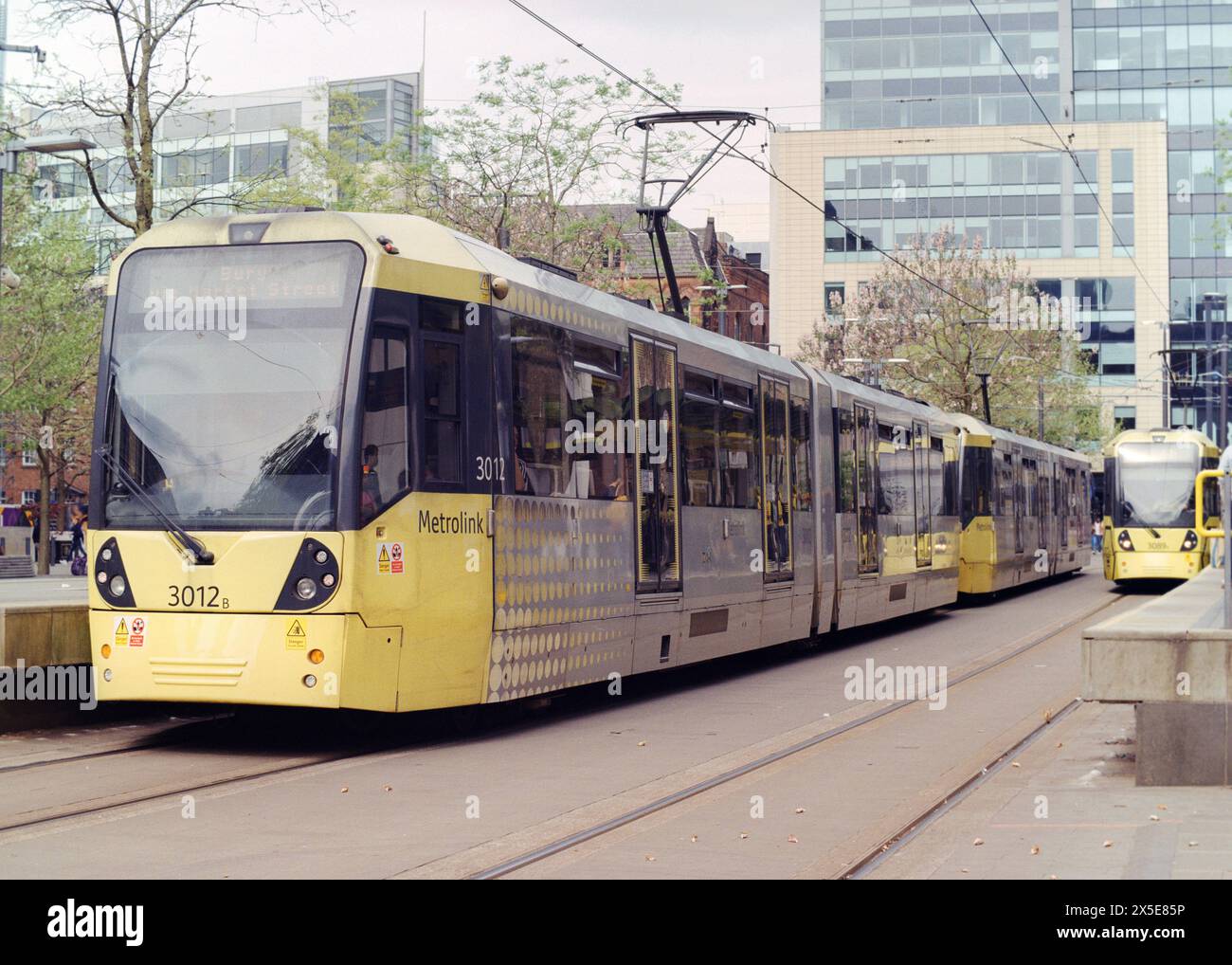 Manchester Metrolink tram at St Peter's Square tram stop. Stock Photo