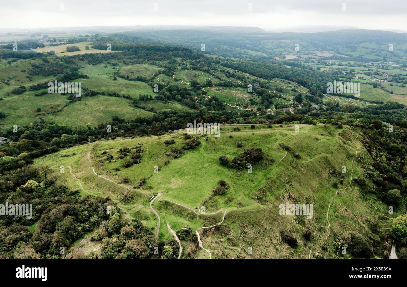 Crickley Hill causewayed camp and hillfort 4000 year occupation site from Neolithic to post Roman. Cotswold Hills, Gloucestershire, UK. Aerial view SW Stock Photo