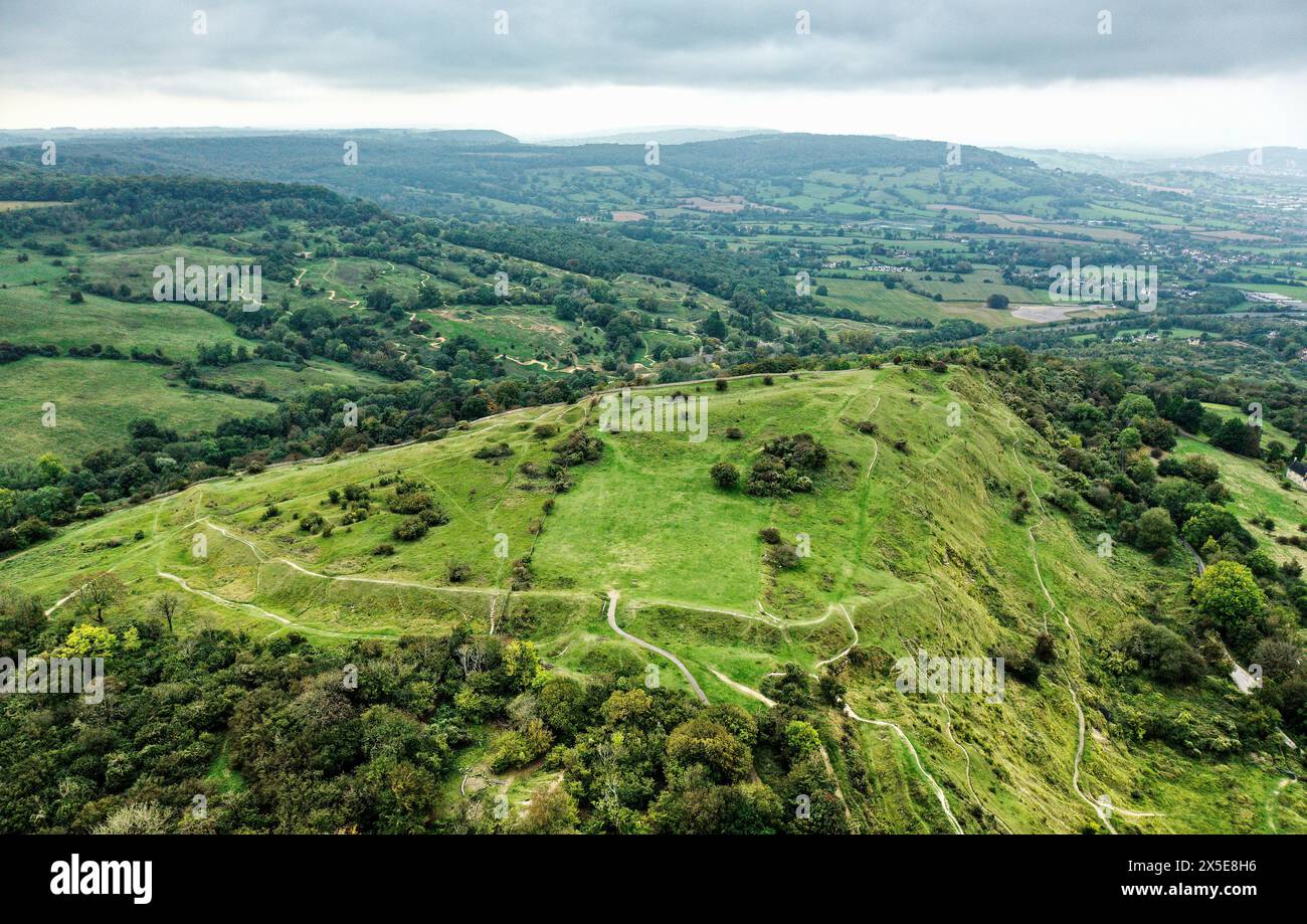 Crickley Hill causewayed camp and hillfort 4000 year occupation site from Neolithic to post Roman. Cotswold Hills, Gloucestershire, UK. Aerial view SW Stock Photo