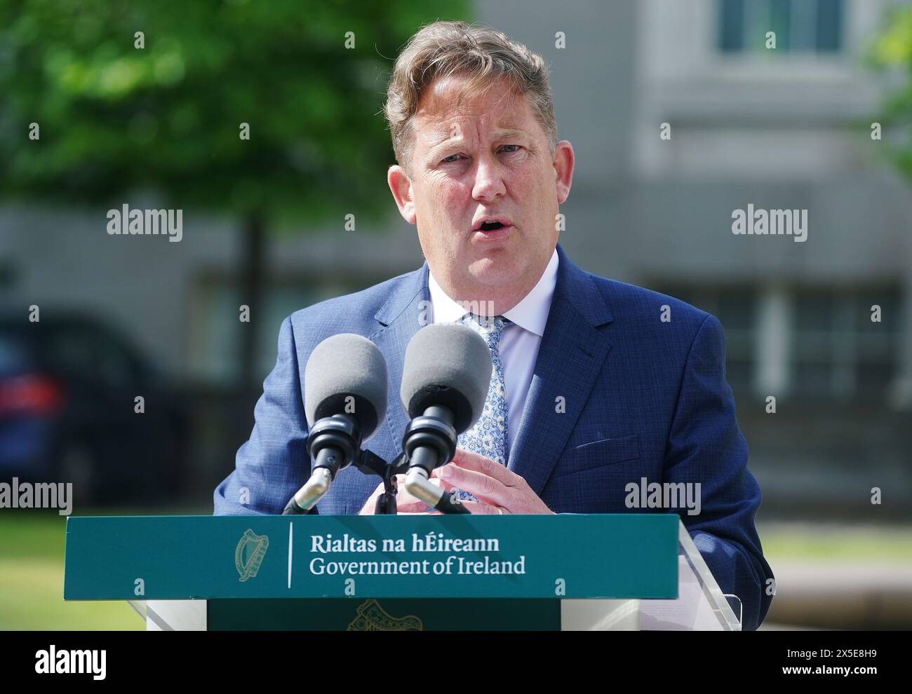 Minister for Housing, Local Government and Heritage Darragh O’Brien speaking to the media at Government Buildings, Dublin, for the announcement of the Government’s new Dublin City Taskforce. Picture date: Thursday May 9, 2024. Stock Photo