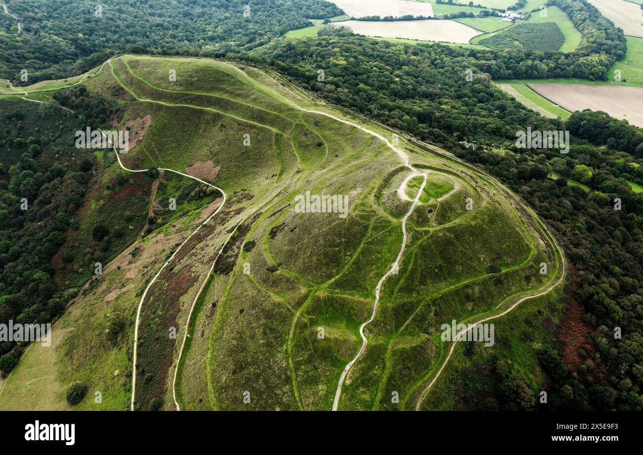 Contour earthworks of Iron Age hillfort known as British Camp aka Herefordshire Beacon dates from approx. 2nd C. BC. Aerial looking SW. Malvern Hills Stock Photo
