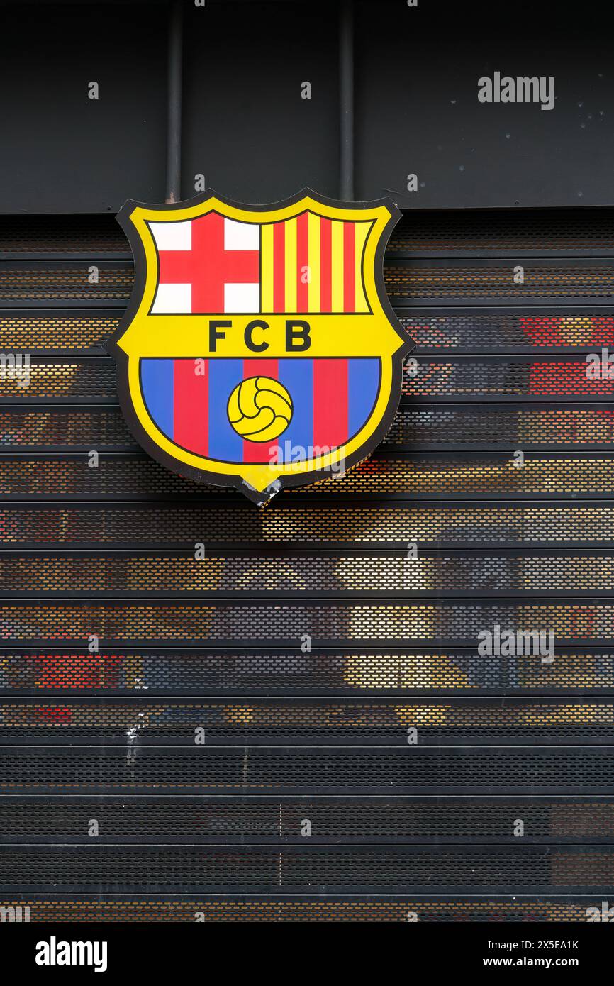 Madrid, Spain. February 11, 2024 - Fc Barcelona logo on a wall of a fan shop. Stock Photo