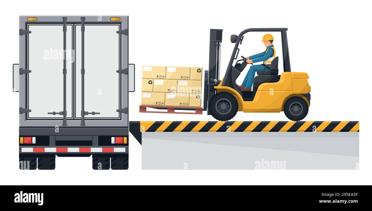 Forklift loading a pallet with boxes to a container truck at the ...
