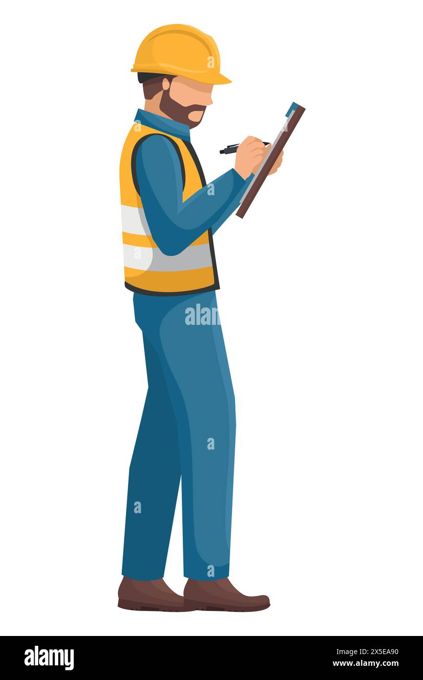 Industrial worker, engineer with his personal protective equipment, helmet, vest, safety shoes writing on a board. Safety First. Industrial safety and Stock Vector
