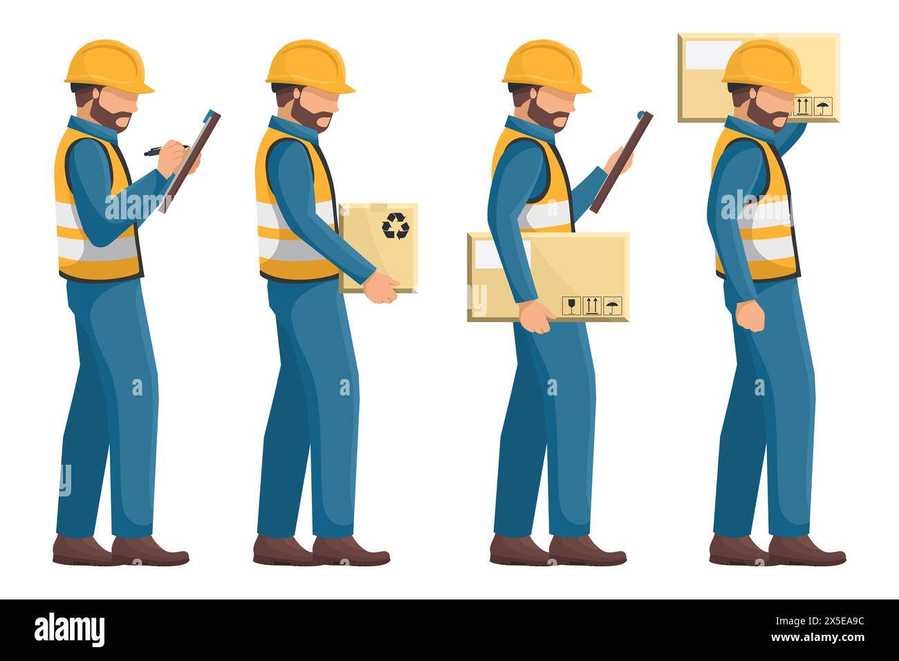 Set of industrial workers with their personal protective equipment, helmet, vest, safety shoes carrying a box checking their order. Safety First. Indu Stock Vector