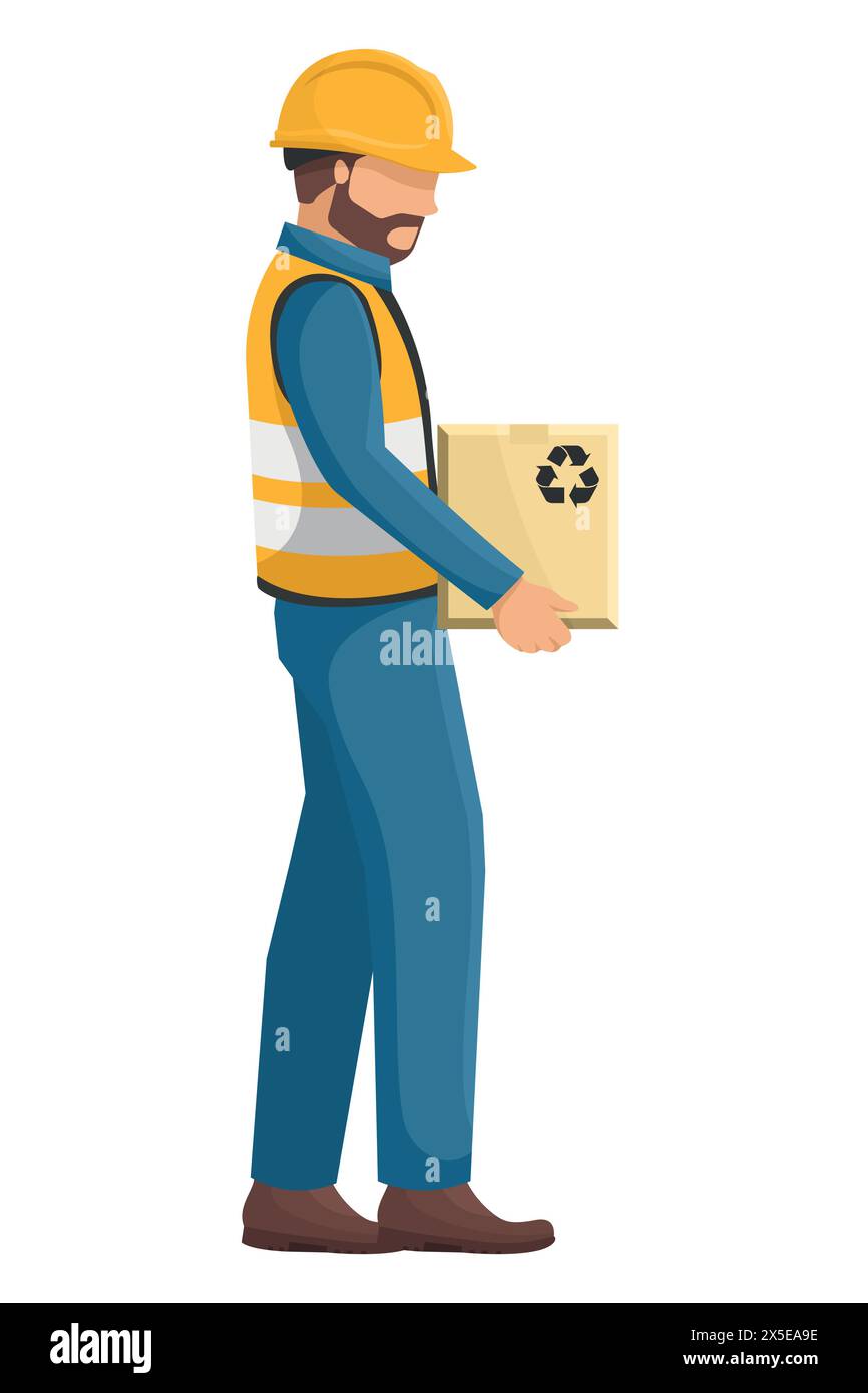 Industrial worker with his personal protective equipment, helmet, vest, safety shoes carrying a box. Safety First. Industrial safety and occupational Stock Vector