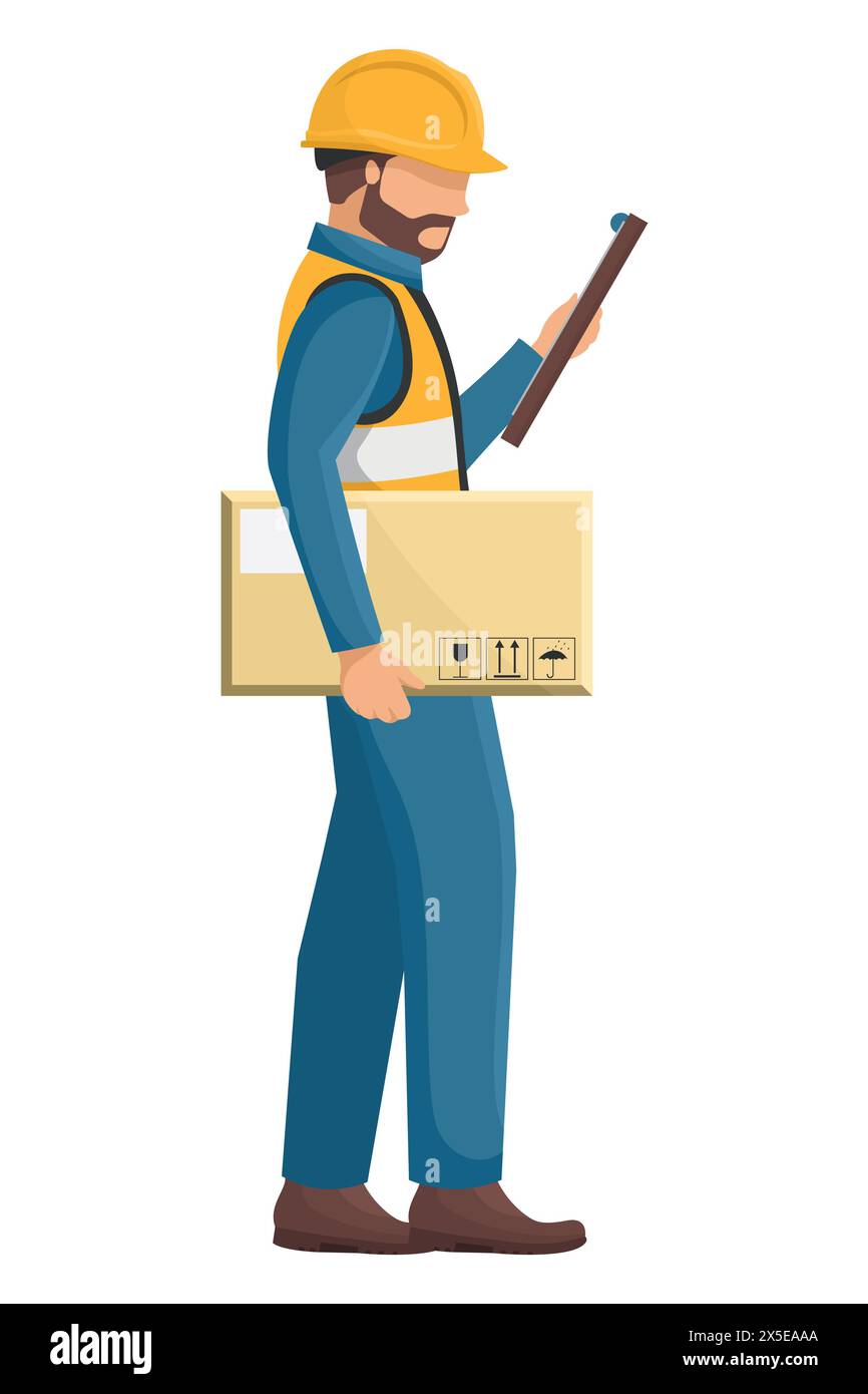 Industrial worker with his personal protective equipment, helmet, vest, safety shoes carrying a box checking his order. Safety First. Industrial safet Stock Vector