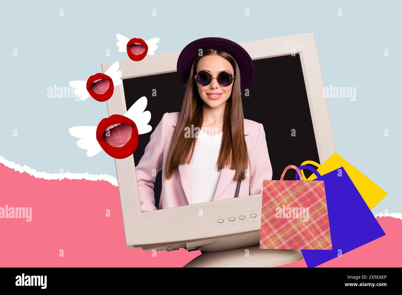 Composite photo collage of fashion pretty girl peek computer device