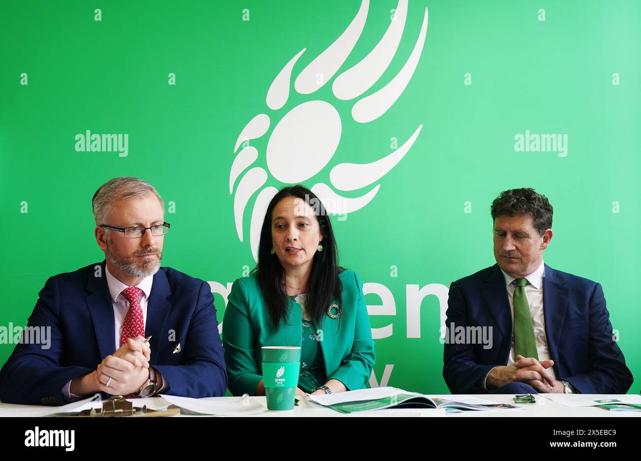 Green Party leader Eamon Ryan (right) deputy leader Catherine Martin (centre) and Minister Roderic O’Gorman during the launch of the Green Party Local Election manifesto in Dublin's city centre. Picture date: Thursday May 9, 2024. Stock Photo