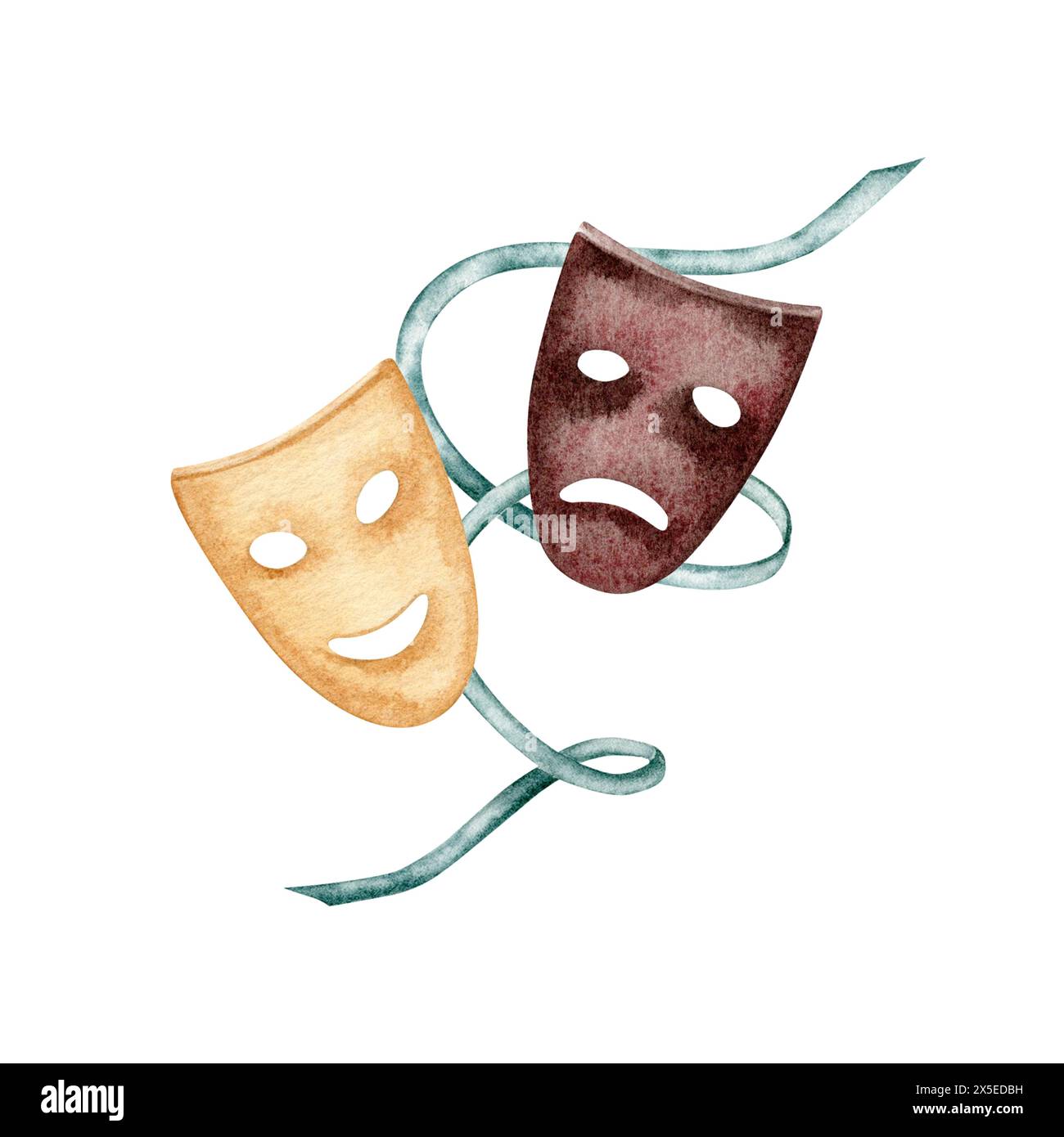 Theatrical actors comedy and tragedy masks composition. Hand drawn watercolor illustration isolated on white background. Vintage musical program logo Stock Photo