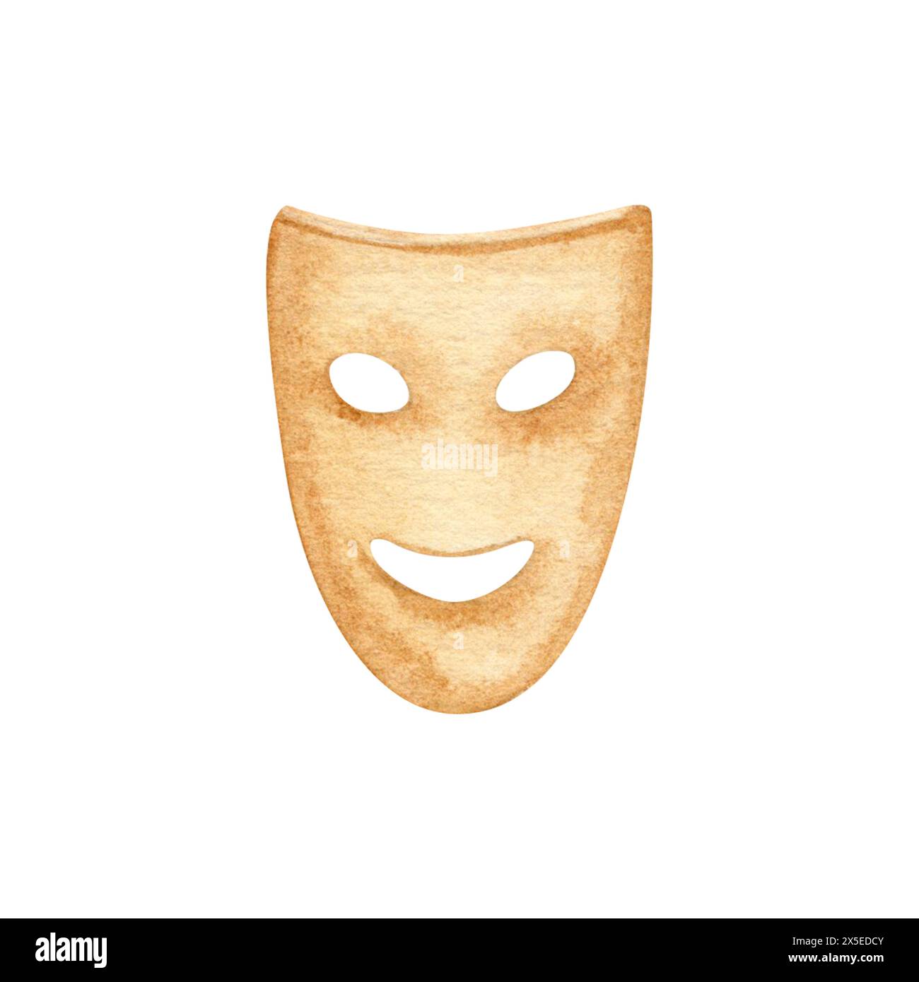 Theatrical actors comedy masks. Happy smile expression. Hand drawn watercolor illustration isolated on white background. Vintage carnival logo ticket Stock Photo