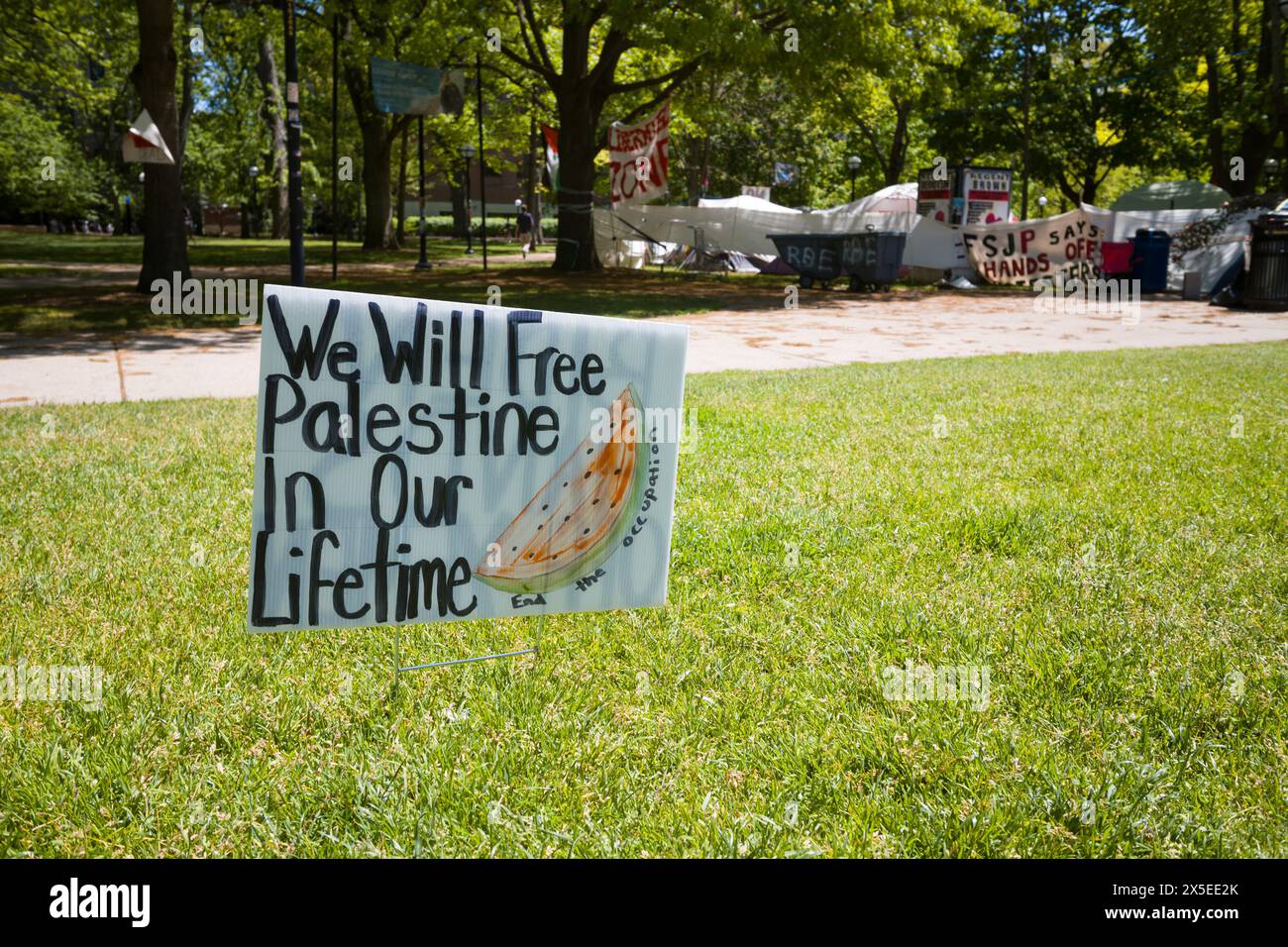 We will free Palestine in our lifetime sign at the Gaza support encampment on the diag at the University of Michigan, Ann Arbor Michigan USA Stock Photo