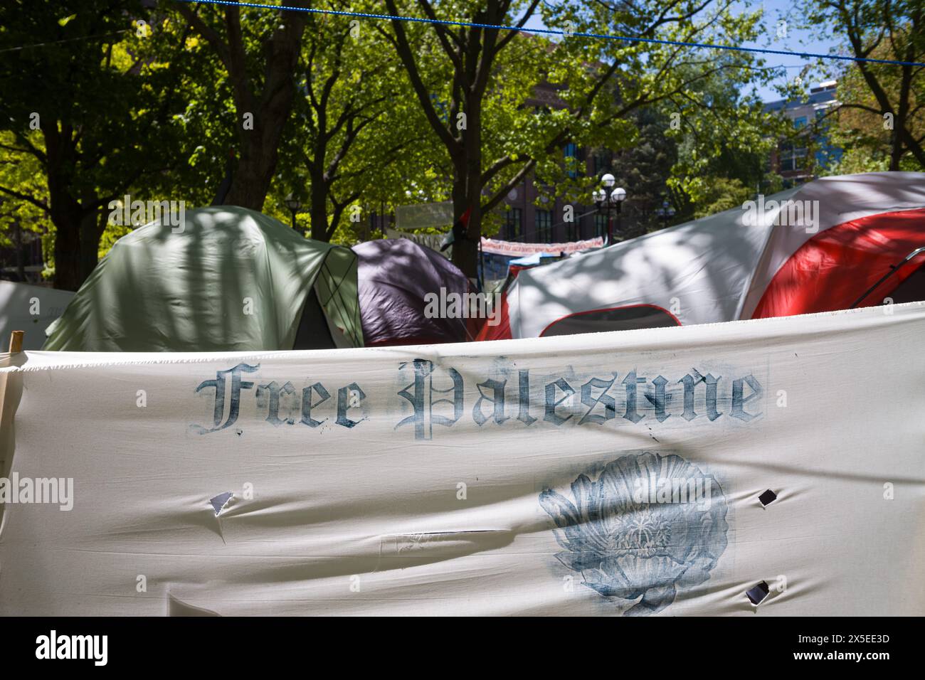 Free Palestine banner at the Gaza support student encampment at the University of Michigan, Ann Arbor Michigan Stock Photo