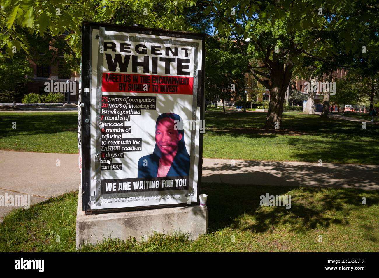 Sign at a free Palestine student encampment demanding regent Katherine E. White meet with student protesters Stock Photo