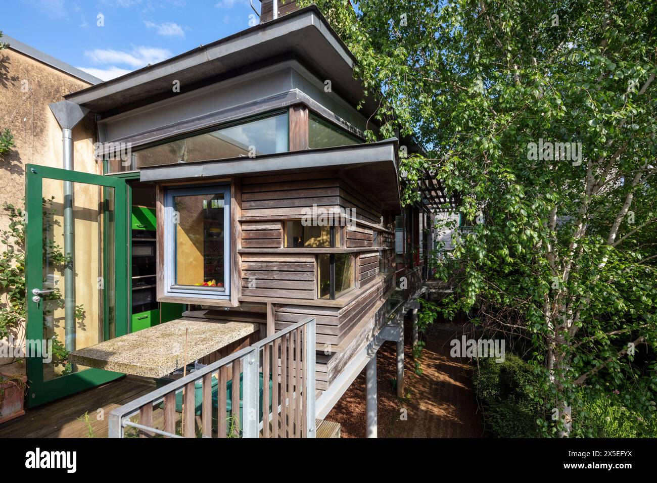 Layered levels of wood make an interesting exterior on the first floor