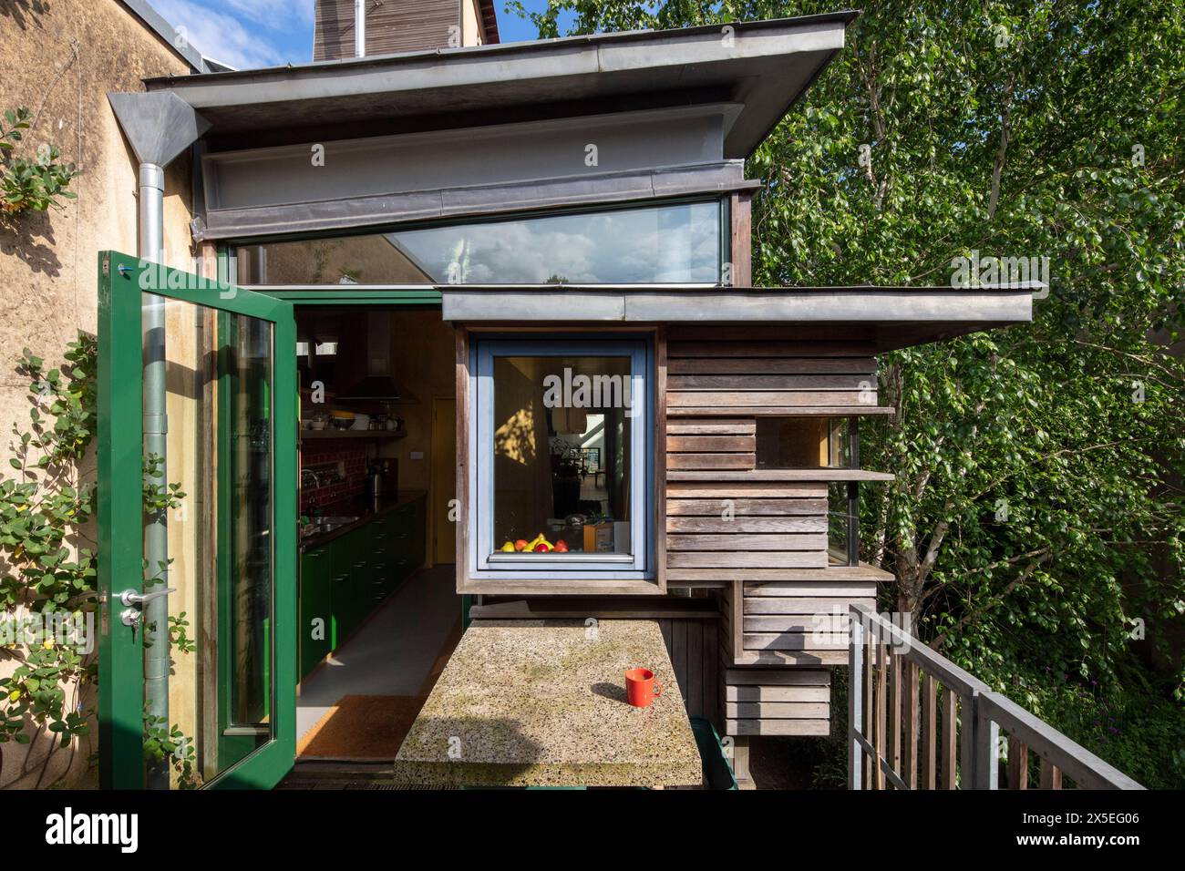 Layered levels of wood make an interesting exterior on the first floor