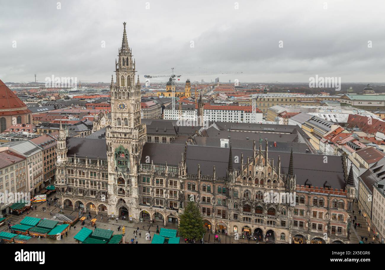 Munich, Germany - Dec 22, 2023 - Aerial view of the New Town Hall (Neue Rathaus). Marienplatz square is the most important town square of Munich and i Stock Photo