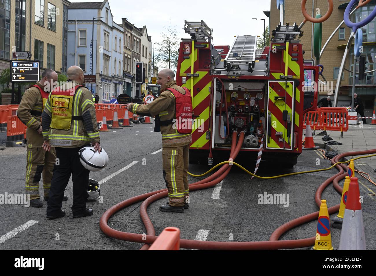 Major incident at Bristol Royal Infirmary hospital with multiple fire engines and police when small fire due to electrical fault happened, UK Stock Photo