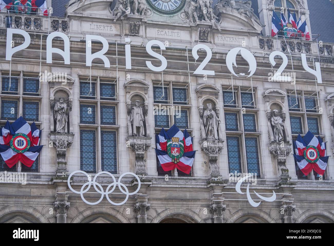 Paris, France. 9 May, 2025. The front of the Hotel de Ville (City Hall