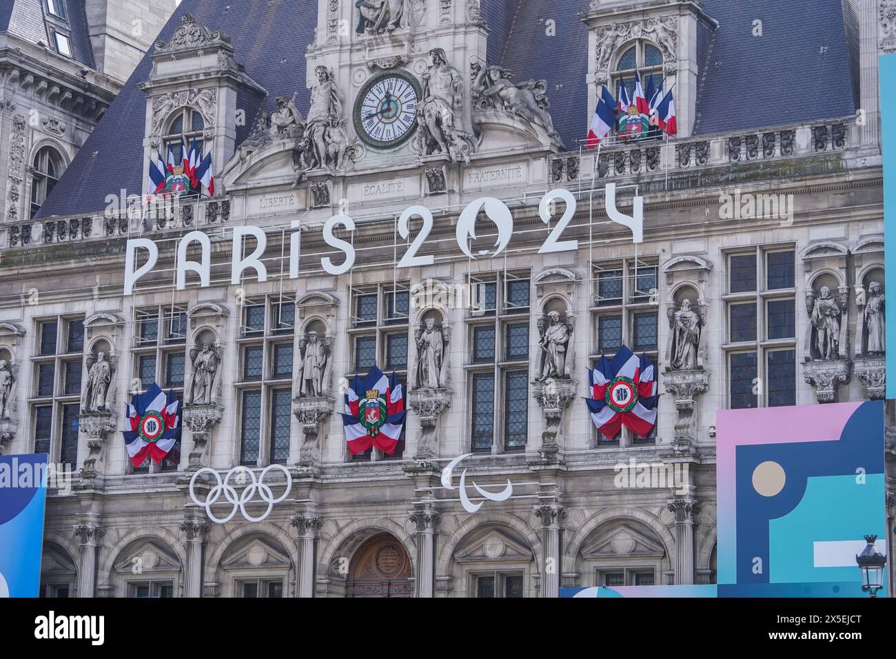 Paris, France. 9 May, 2025. The front of the Hotel de Ville (City Hall