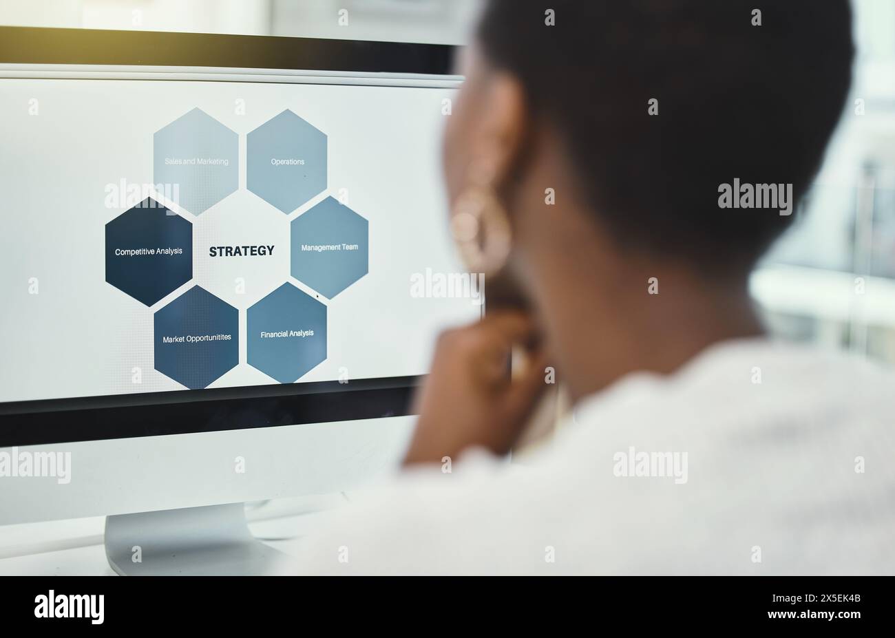 Business woman, reading and screen with strategy, process or cycle on monitor at office. Female person or employee working on computer display for Stock Photo