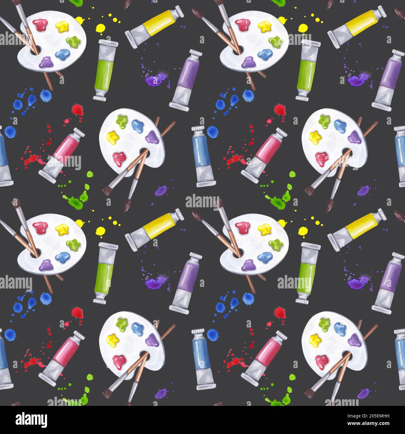 Seamless pattern art supplies colored paint palette paintbrushes tubes cuvettes tempera, gouache. Ink splatters drop spots. Hand drawn watercolor Stock Photo