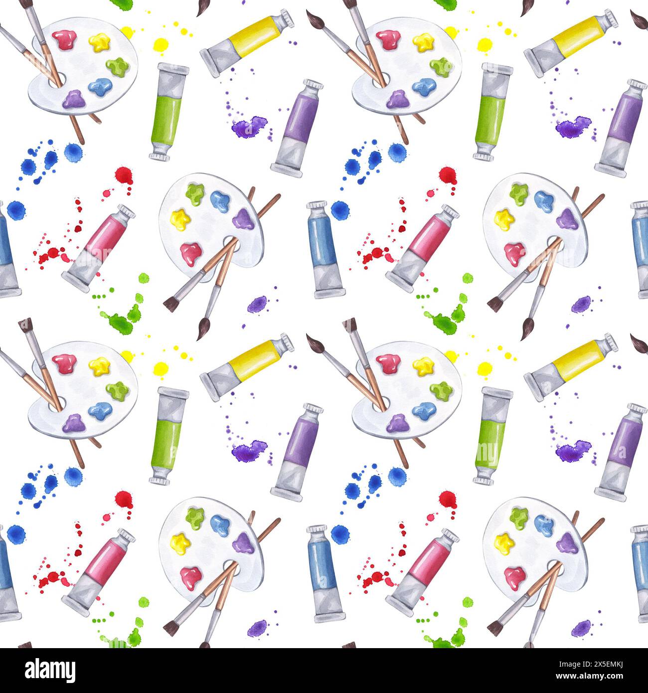 Seamless pattern art supplies colored paint palette paintbrushes tubes cuvettes tempera, gouache. Ink splatters drop spots. Hand drawn watercolor Stock Photo