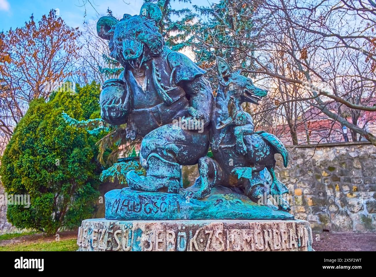 BUDAPEST, HUNGARY - MARCH 3, 2022: The bronze sculpture by Gyula Maugsch, depicting Zsigmond Sebok's fairy tale characters - bear, fox and goose, Buda Stock Photo