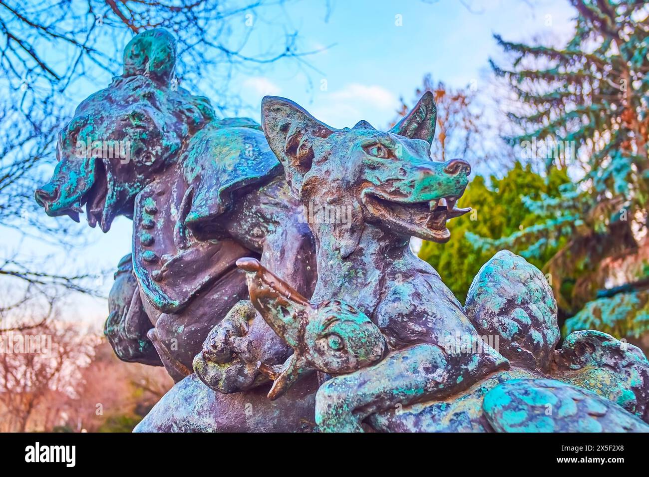 BUDAPEST, HUNGARY - MARCH 3, 2022: The bronze sculpture by Gyula Maugsch with Zsigmond Sebok's fairy tale characters, Budapest, Hungary Stock Photo