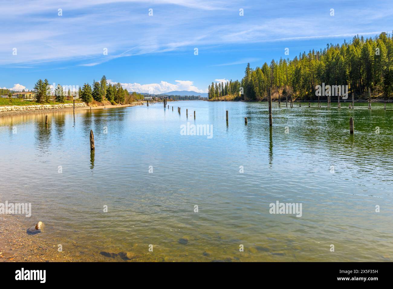 Riverbank view of the Spokane River as it runs through a rural forested area on it's way to the downtown district of Coeur d'Alene, Idaho USA. Stock Photo