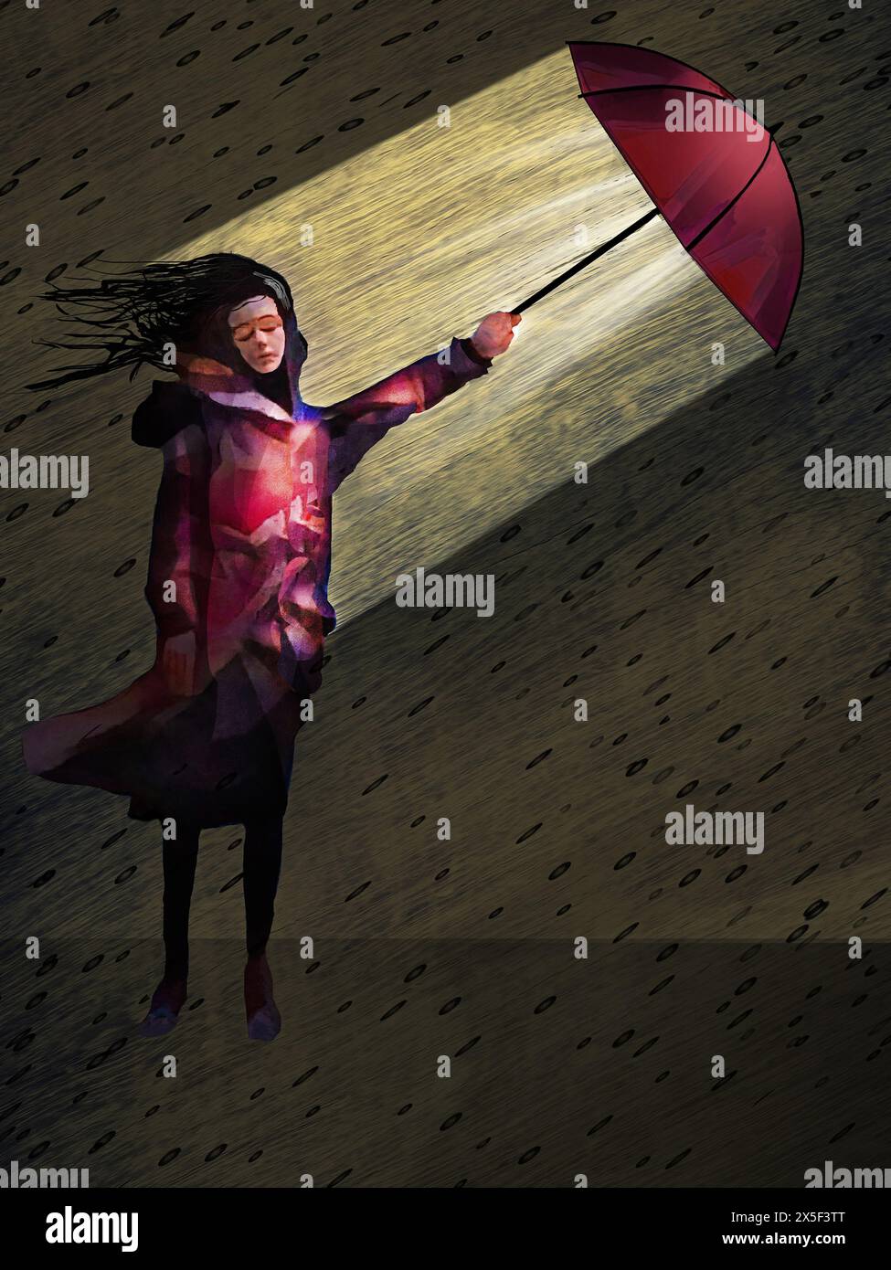 Defending herself from a storm is a young woman with her umbrella in a 3-d illustration about protecting yourself. It can be a metaphor for many situa Stock Photo