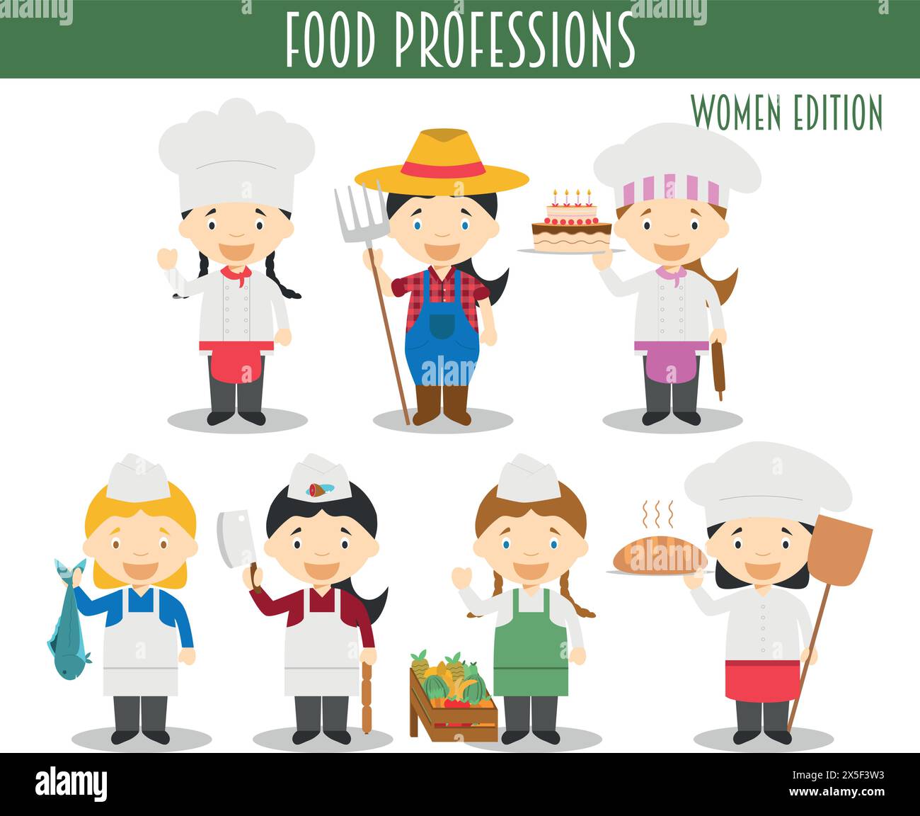 Vector Set of Food Industry Professions in cartoon style. Women Edition ...