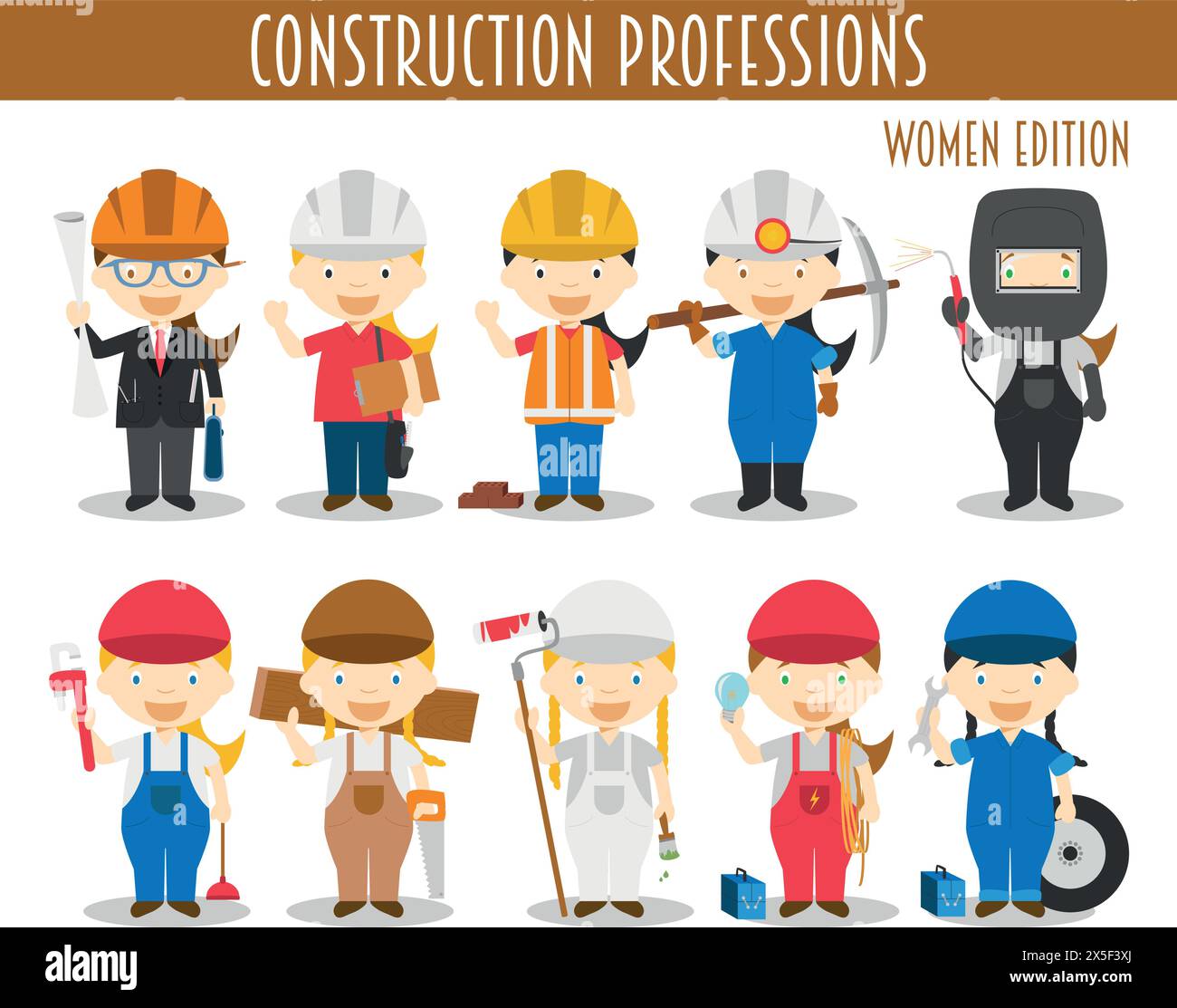Vector Set of Construction Professions in cartoon style. Women Edition. Stock Vector