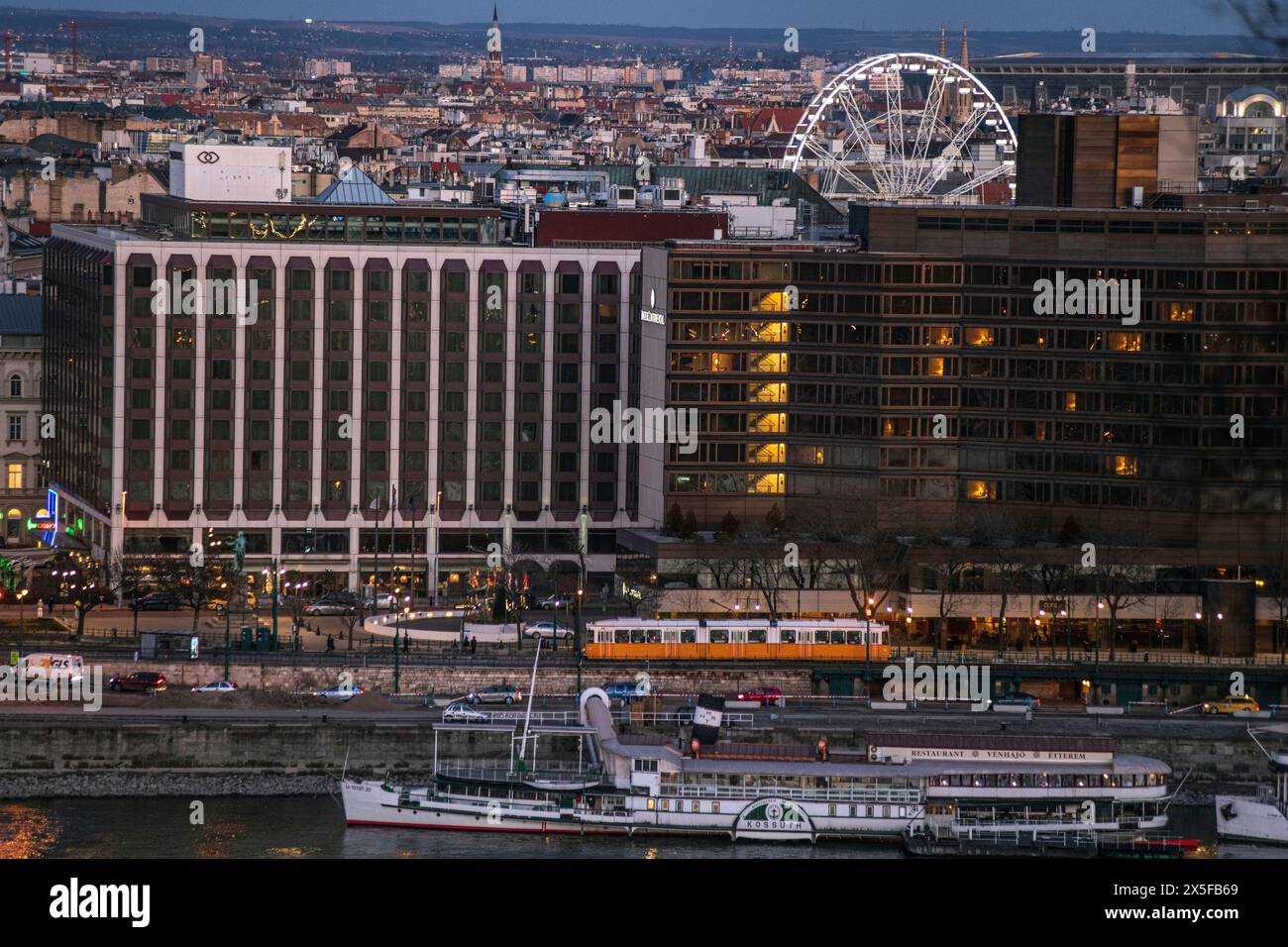 Budapest: panoramic view of the city with the Intercontinental Hotel and Danube River in the evening. Hungary Stock Photo