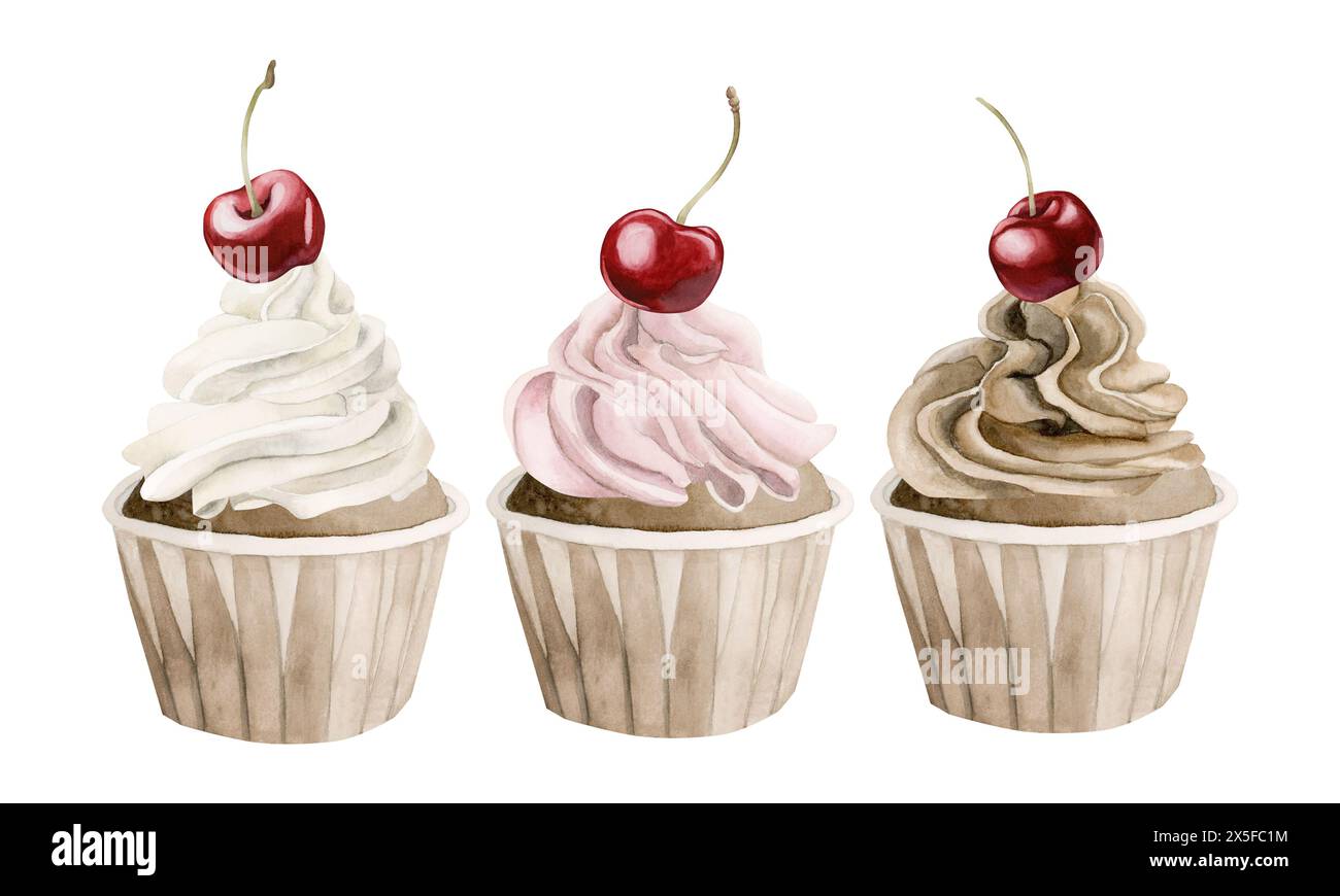 Cupcakes with colorful cream and cherry berries. Watercolor hand drawn ...