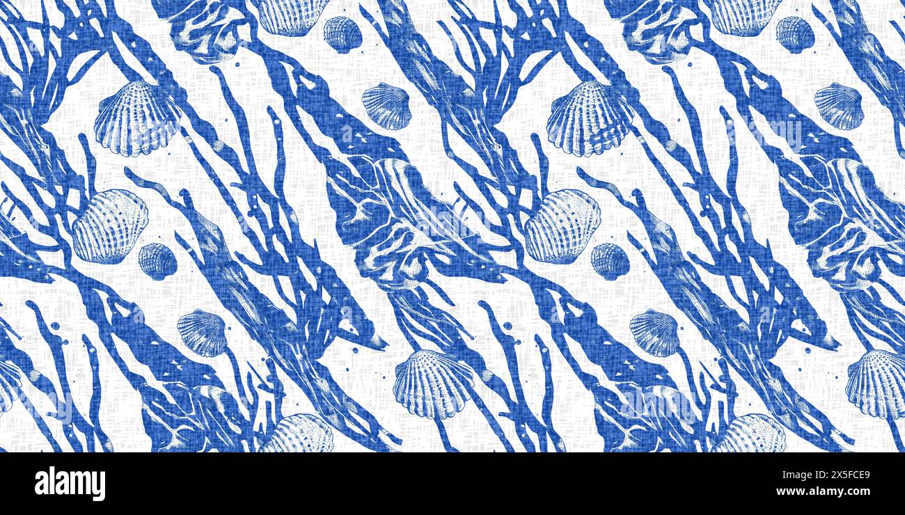 Azure blue white shell motif with linen seamless batik border ...