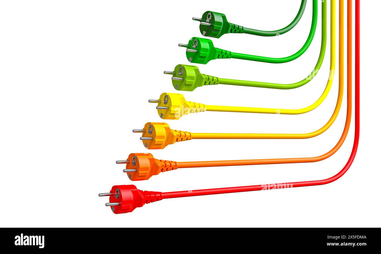 electrical plugs multicolored, cords, energetic class isolated white background Stock Photo