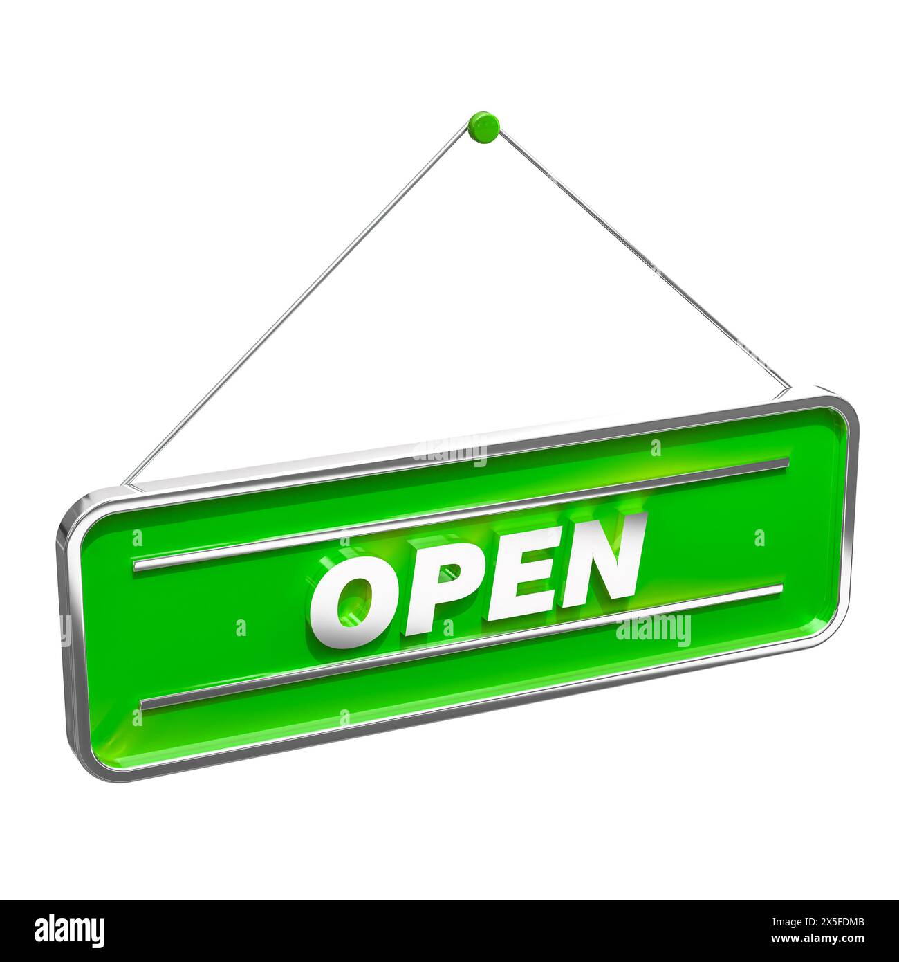 green open sign with metallic border hanging  white background Stock Photo